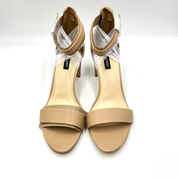 Nine West Womens Pruce Natural Nude Beige Tan Leather Block Heels Sandals Shoes - Picture 3 of 14